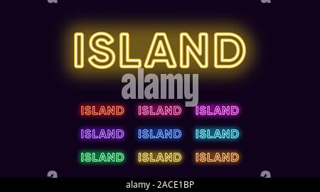 Neon Island word. Neon text of Island. Vector set of glowing Headlines with transparent backlight. Red pink purple, violet blue azure, green yellow or Stock Vector
