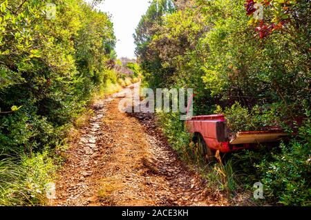 Dirt road through the bushes with old abandoned inside the bush red tender car body carcass in mountains of Cliento and Vallo di Diano National Park i Stock Photo