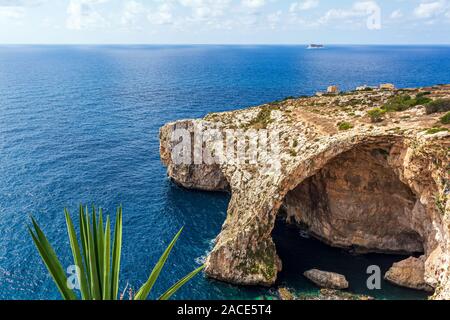 Blue Grotto and sea caves in Malta, with plant in foreground and Hamrija Watchtower in the background Stock Photo