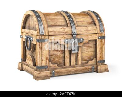 Old wooden chest box with treasure isolated on white background. 3d illustration Stock Photo