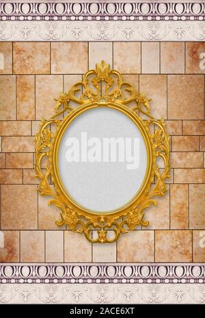 New modern stone wall with wooden golden baroque frame - concept image with central copy space Stock Photo