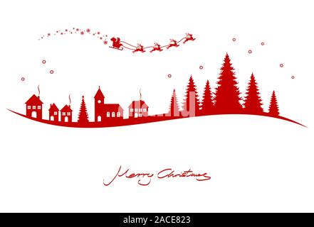 silhouette of Santa Claus with sled and reindeers over a church, houses and conifers isolated on white background with christmas and new year greeting Stock Vector
