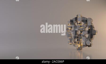 3d rendering metal techno rectangular geometric greeble symbol of rudder icon with glowing lines with blurred reflection floor on light background Stock Photo