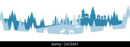 EPS 10 vector file showing christmas time nature landscape background with snow fields, little village, festive elements and colored background Stock Vector