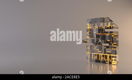 3d rendering metal techno rectangular geometric greeble symbol of paper with bent corner and heart pulse curve icon with glowing lines with blurred re Stock Photo