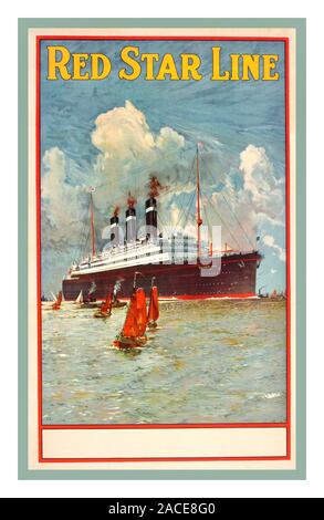 RED STAR LINE Vintage Cruise Ship Poster 1920's Red Star Line 'BELGENLAND' Antwerpen America Ocean Transatlantic Steamer  Steamboat Boat Ship Cruise Liner Travel poster 1900's Vintage cruise ship liner travel poster Europe American Red Star White Star The Belgenland was built in 1914 and originally served as a freighter and World War I troopship for the White Star Line Stock Photo