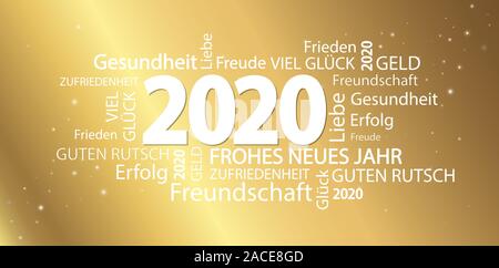 word cloud with new year 2020 greetings and golden background Stock Vector