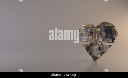 3d rendering metal techno rectangular geometric greeble symbol of heart with pulse curve icon with glowing lines with blurred reflection floor on ligh Stock Photo