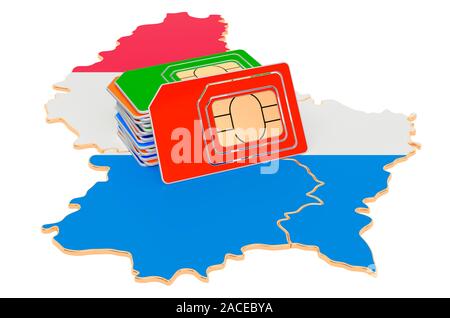 Sim cards on the Luxembourgish map. Mobile communications, roaming in Luxembourg, concept. 3D rendering isolated on white background Stock Photo