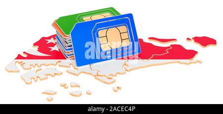 Sim cards on the Singaporean map. Mobile communications, roaming in Singapore, concept. 3D rendering isolated on white background Stock Photo