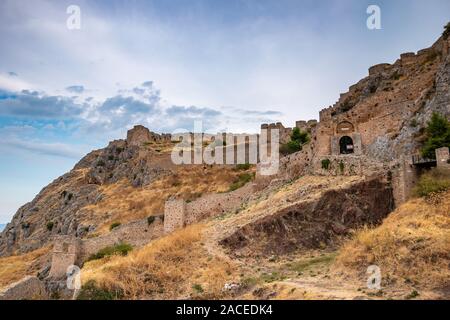 The Acrocorinth 'Upper Corinth' the acropolis of ancient Corinth, is a monolithic rock overseeing the ancient city of Corinth, Greece. Stock Photo