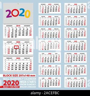 Wall calendar 2020, week start from Sunday. Size A4, block size 297x140 mm. Vector Illustration. Stock Vector