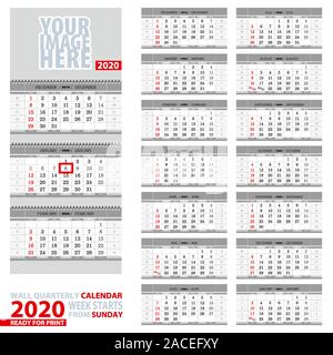 Wall quarterly calendar 2020. Week start from Sunday, ready for print. Vector Illustration. Stock Vector