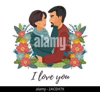 Isolated couple in love and flowers on a white background. A woman hugs a man. Cute flat valentines day vector Stock Vector