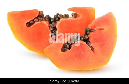 Isolated papaya. Two pieces of papaya fruit isolated on white background with clipping path Stock Photo