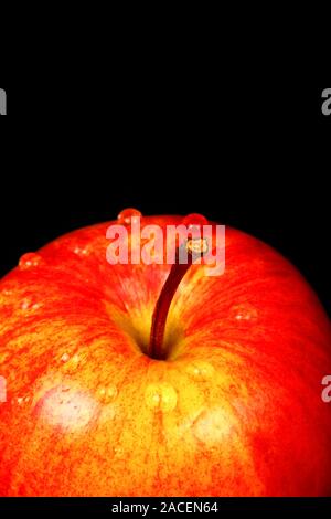 Red eating apple isolated on a black background with water drops Stock Photo