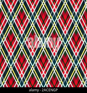 Detailed Rhomb seamless vector pattern as a tartan plaid mainly in red and muted blue hues with green, white and yellow lines Stock Vector