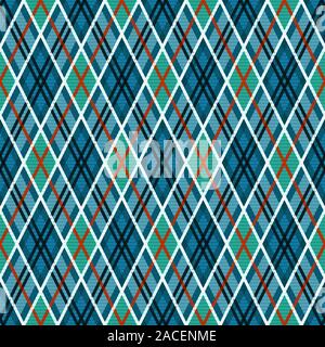 Detailed Rhomb seamless illustration pattern as a tartan plaid mainly in blue and turquoise hues with orange and white lines Stock Vector