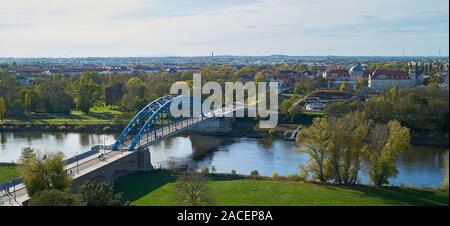 Aerial view of the Star Bridge over the Elbe River at the Elbe Cycle Route near Magdeburg