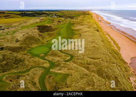 Aerial view of Trump International Golf Links golf course at Belmedie in Aberdeenshire, Scotland, UK