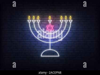 Hanukkah Menorah neon sign. Glowing decoration for Jewish Chanukkah holiday Stock Vector