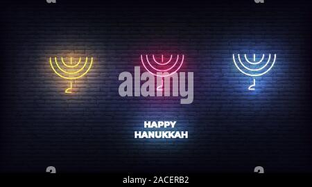 Menorah neon sign set. Glowing decorations for Jewish holiday Hanukkah Stock Vector
