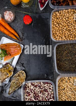 Assortment of healthy food containing iodine. Natural products rich in I, vitamins, micronutrients. Useful food for health and balanced diet Stock Photo