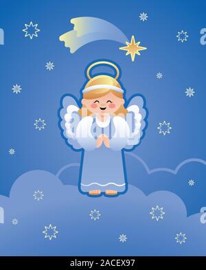 Cute illustration of an Angel on the clouds and the falling star of Bethlehem. Vector illustration. Stock Vector