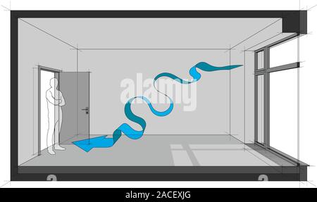 room with door and tall french window and standing man in the opened door and natural ventilation arrow Stock Vector