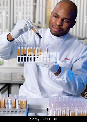 Blood typing. Technician preparing samples of donated blood for analysis. The samples will be tested automatically by a blood grouping analyser (not s Stock Photo