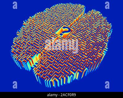 Brain complexity. Conceptual computer artwork of a slice through a brain represented as a complex maze, with a question mark at its centre. This could Stock Photo