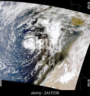Hurricane Vince. Satellite image showing Vince developing from a non-tropical system, to become a subtropical storm southeast of the Azores in the Atl Stock Photo