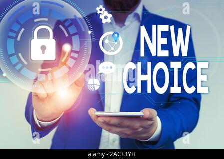 Word writing text New Choice. Business photo showcasing having lot of options and adding another one to choose between Male human wear formal work sui Stock Photo