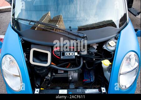 Electric car motor. This electric car, Think City, designed by the Norwegian company Think, was revealed at the 2008 Geneva Motor Show. The electric m Stock Photo