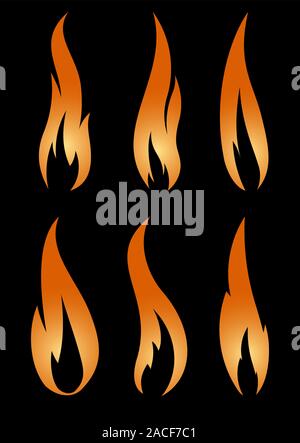 Set of six unusual thin red realistic stylish fire flames on a black background. Stock Vector
