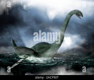 Loch Ness monster. Computer artwork of the Loch Ness Monster swimming on the surface of Loch Ness, Scotland. Sightings of the monster have occurred at Stock Photo