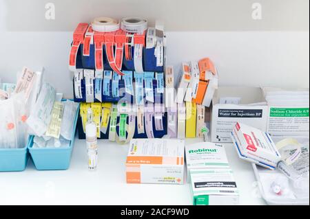 Operating theatre supplies. Assorted medical supplies on a table in a hospital. Stock Photo