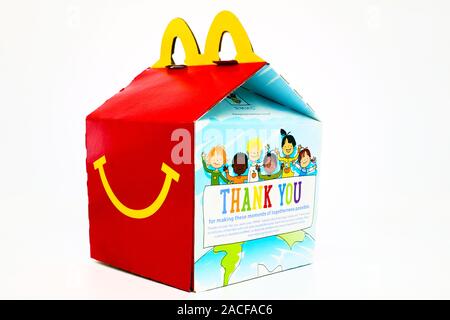 McDonald's Happy Meal cardboard box. McDonald's is a fast food restaurant chain Stock Photo