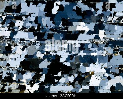 Quartzite mineral, polarised light micrograph. The pattern seen here is due to the recrystallisation and intergrowth of the quartz at high pressure an Stock Photo