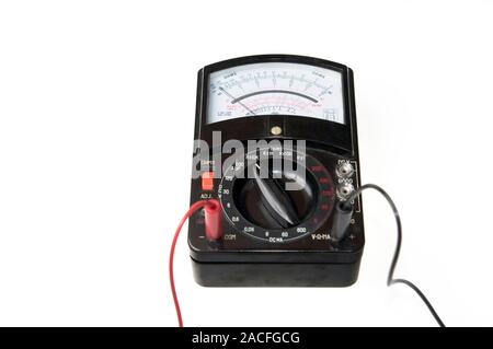 Analogue multimeter. Multimeters are electronic measuring instruments which contain both an ammeter and voltmeter, enabling them to measure current, v Stock Photo