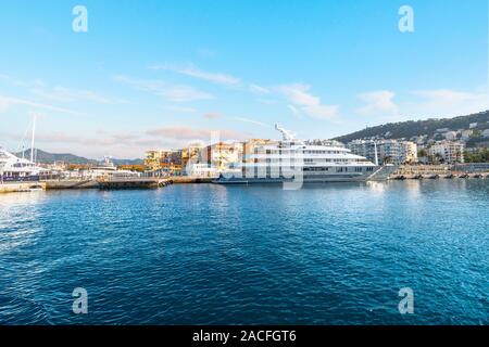 A large luxury yacht at the old harbor of Port Lympia in the city of Nice France, on the Mediterranean Sea at the French Riviera.