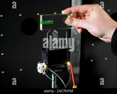 Aligning a lamp. Technician using a spirit level and laser to correctly align a FEL-type spectral irradiance standard lamp (centre). This lamp is used Stock Photo