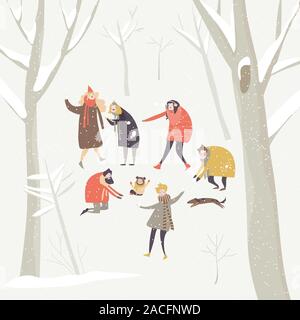 Group of happy people playing snowballs in the winter snowing forest Stock Vector