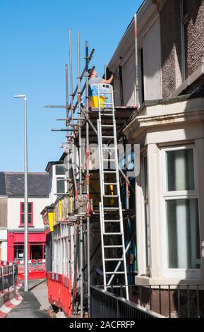 Workman applying plaster to a house wall whilst standing on scaffolding boards with scaffolding in place and a ladder against it Stock Photo