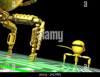 Nanorobots. Computer artwork of nano robots walking over the surface of a micro chip in order to search out and repair the structure. Nanotechnology i Stock Photo