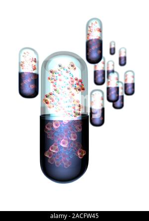 Gene therapy. Conceptual computer artwork of gene therapy, showing drug capsules containing strand of DNA (deoxyribonucleic acid). Gene therapy is the Stock Photo