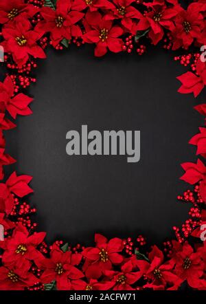 Christmas frame made from red Poinsettia flowers isolated on a black chalkboard background, Merry Christmas holiday concept. Stock Photo