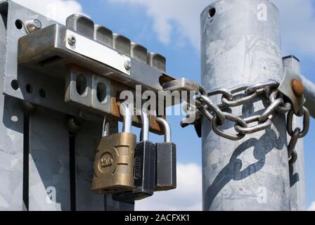 Padlocked gate. Photographed at Lambrigg Wind Farm, Cumbria, UK. Stock Photo