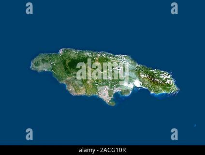 Jamaica, satellite image. North is at top. Water is blue, vegetation is brown and green, developed areas are grey/white, and clouds are white. Deep oc Stock Photo