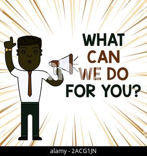 Handwriting text What Can We Do For You Question Question Question. Conceptual photo how may I help assist Man Standing with Raised Right Index Finger Stock Photo